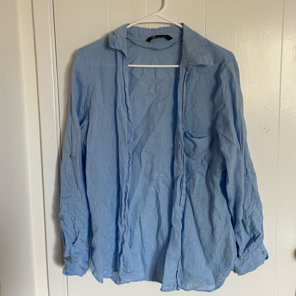 Zara Blue 100% Linen Button Up